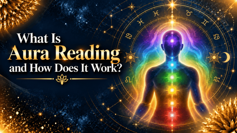 Illustration of a person surrounded by colorful aura energy and chakra points for an aura reading guide