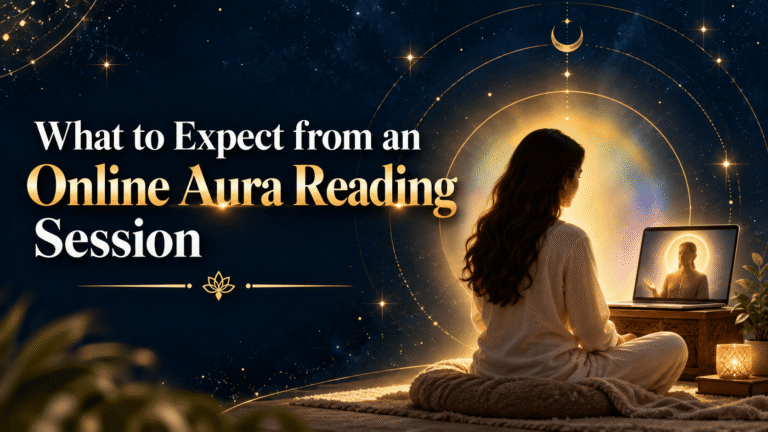 Woman attending an online aura reading session through a laptop