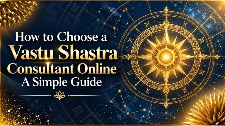 Vastu Shastra consultation graphic with compass and directional symbols for choosing an online consultant