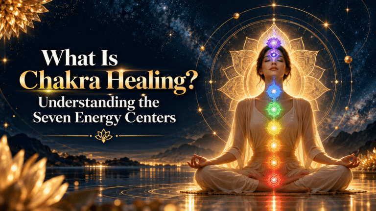 Chakra healing illustration showing a meditating person with seven glowing chakras surrounded by golden mandala and celestial elements