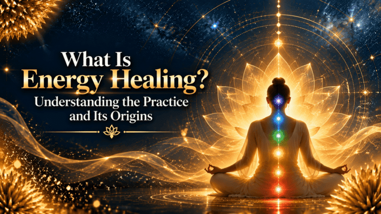 Energy healing practice with a meditating person surrounded by glowing energy and spiritual light
