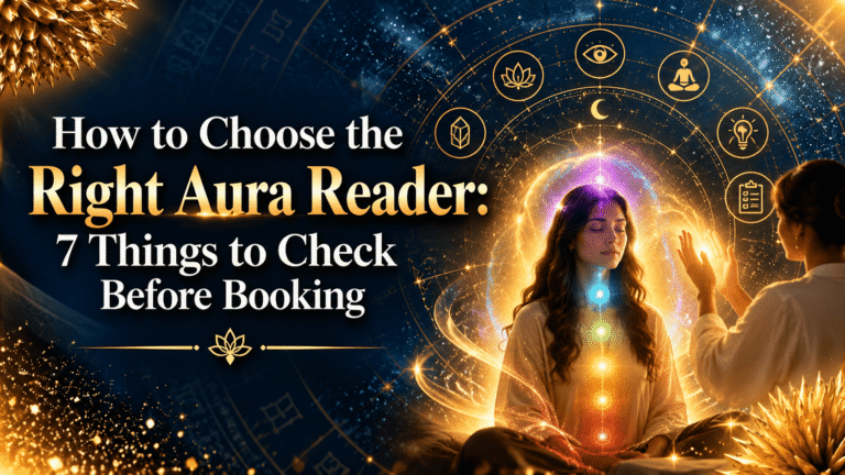 Aura reading session showing a meditating woman surrounded by glowing energy, chakra lights, and spiritual symbols.