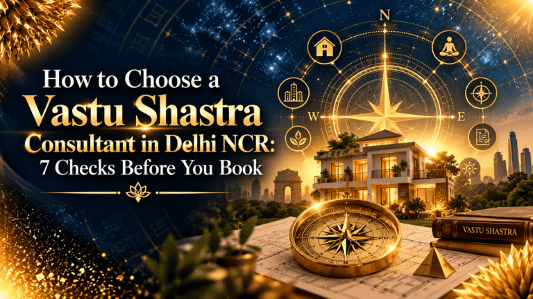 Vastu Shastra consultation illustration featuring a modern home, compass, floor plan, directional Vastu diagram, and Delhi NCR skyline in a navy and gold theme.