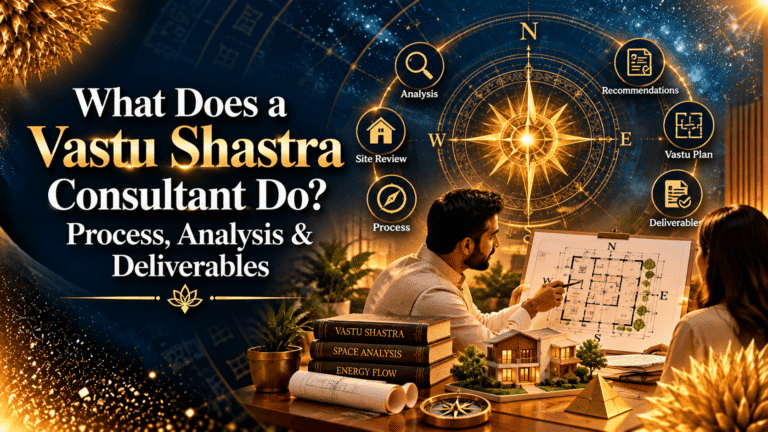 Vastu Shastra consultant reviewing a floor plan with a client, surrounded by directional compass, space analysis, recommendations, and Vastu planning elements.