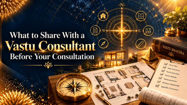 Vastu consultation setup featuring a floor plan, compass, north direction, room details, measurements, and checklist of information to share with a Vastu consultant.